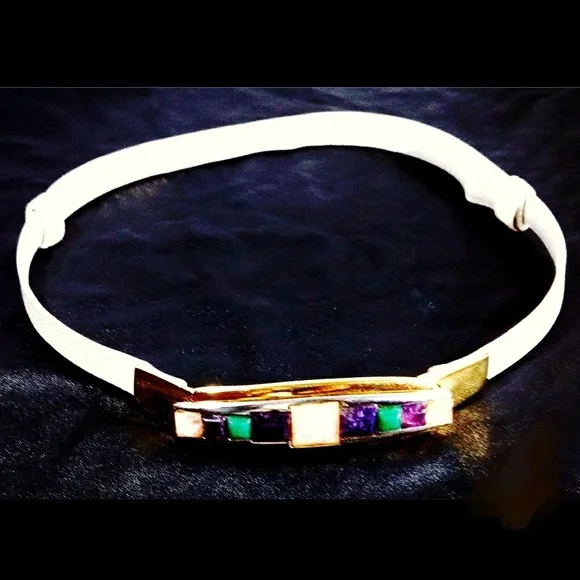 Judith Leiber Vintage White Belt w/Real Jeweled Buckle Judith Leiber Leather Studded Accents Belt - Neutrals Belts  main image 2
